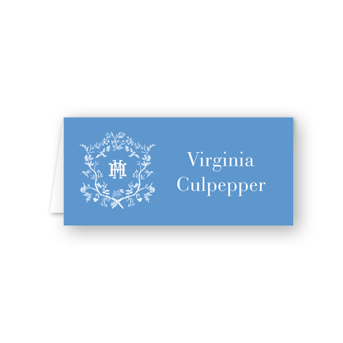 Hummingbird Blue Monogram Crest Place Cards
