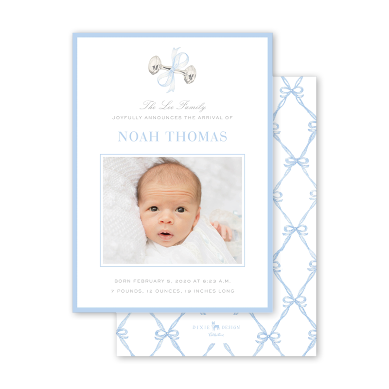Rattle and Bow Blue Birth Announcement II